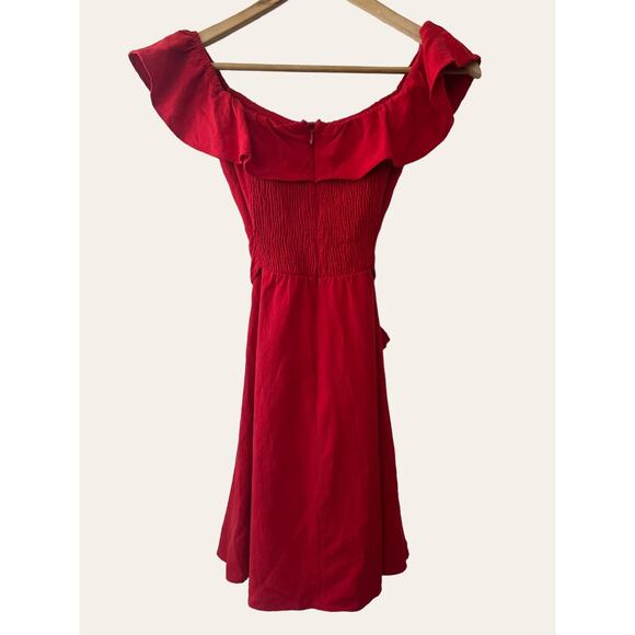 Zara Red Off-The-Shoulder Ruffle Smocked A-Line Belted Mini Dress Size XS - Picture 4 of 6